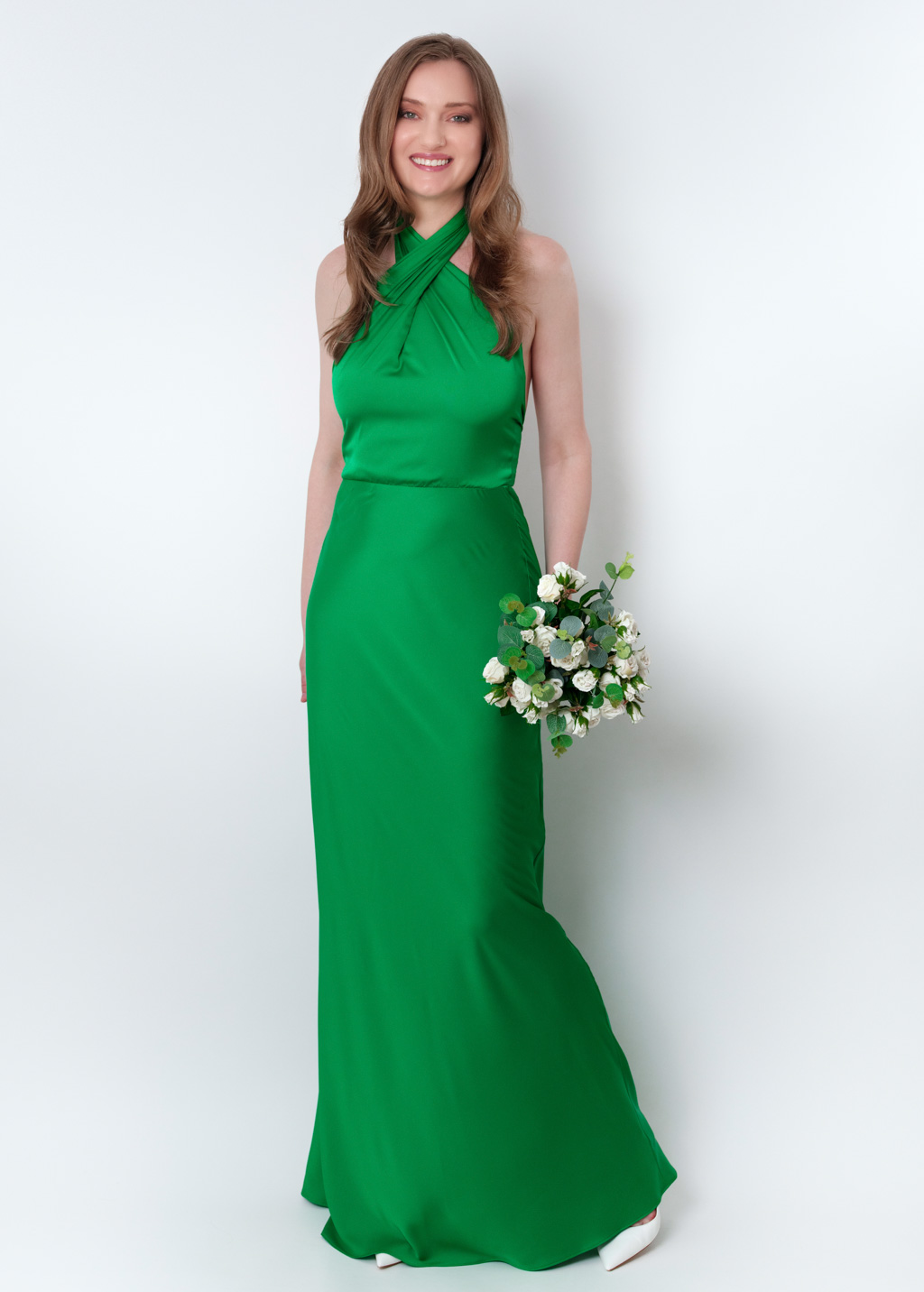 Green silk long halter dress