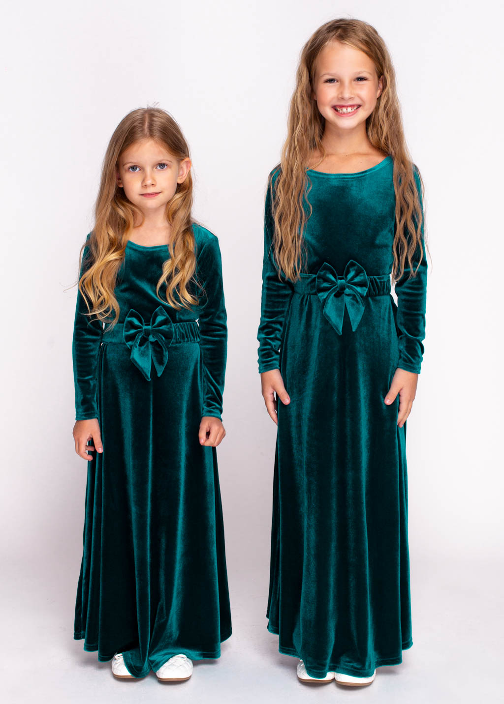 Mommy and me teal green long velvet dresses