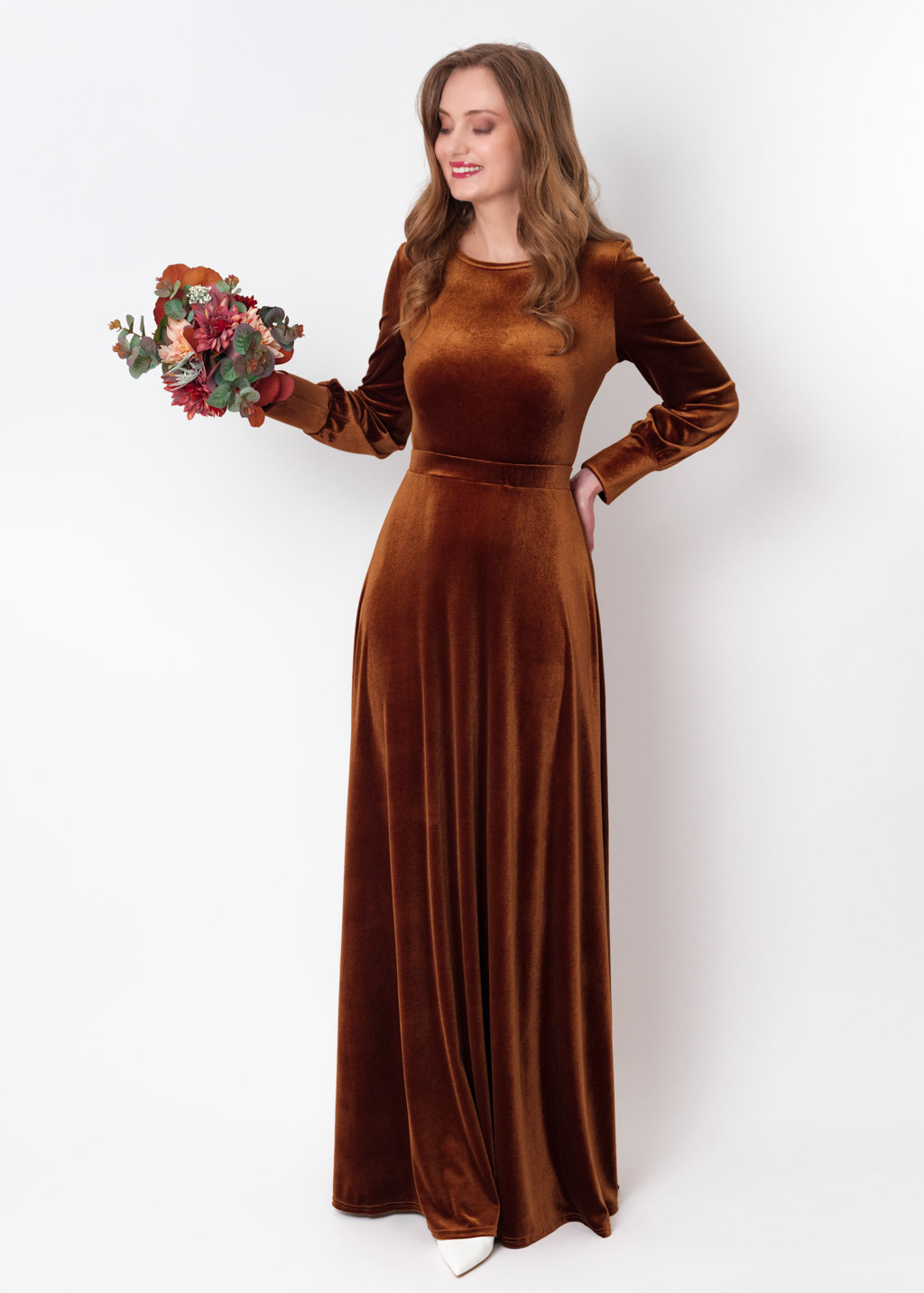 Rust gold velvet long dress