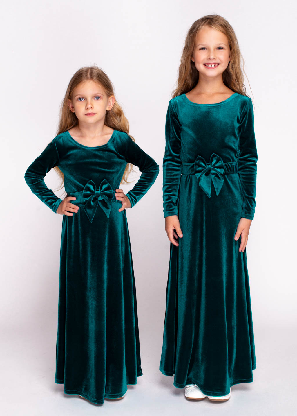 Mommy and me teal green long velvet dresses