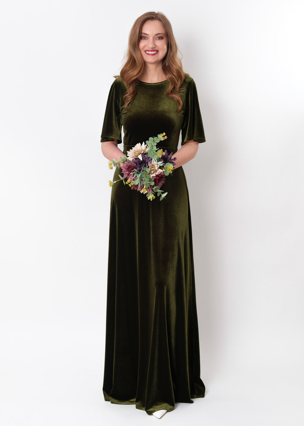 Olive green velvet long dress