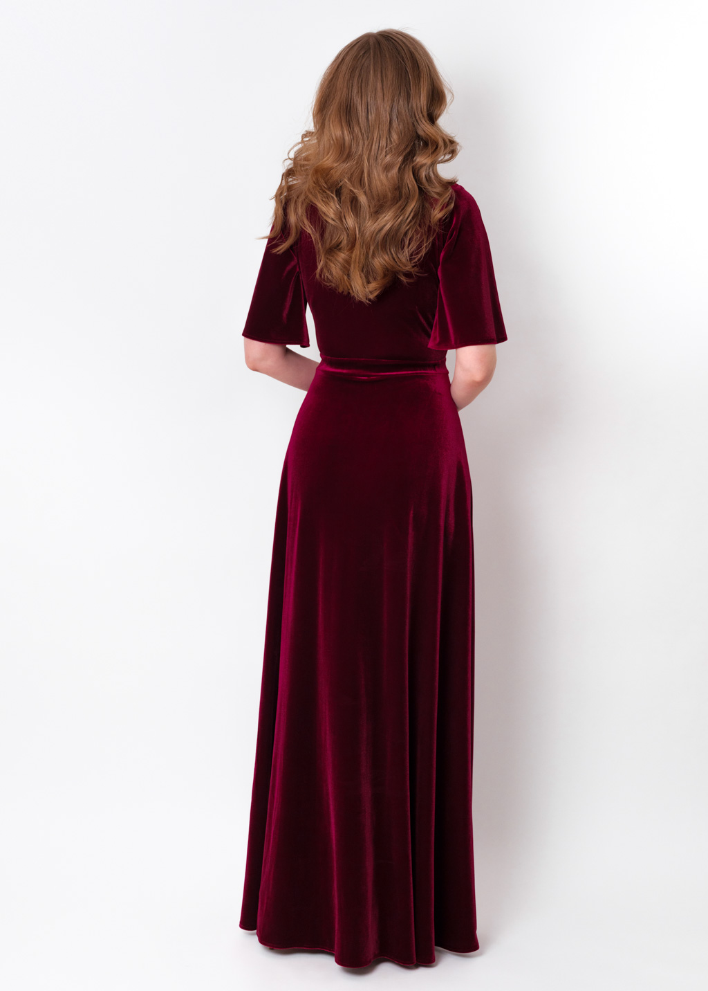 Burgundy velvet wrap slit dress