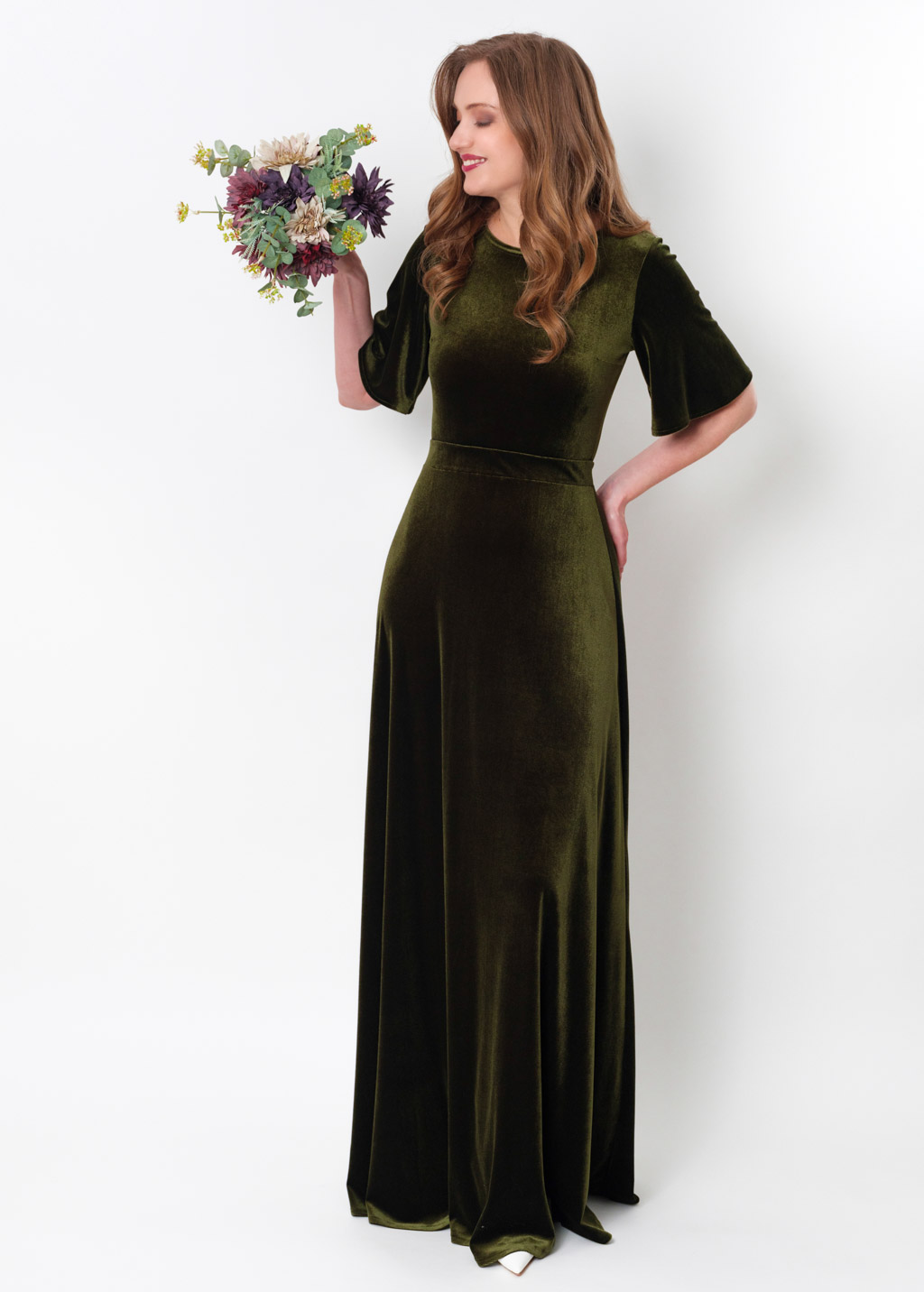 Olive green velvet long dress