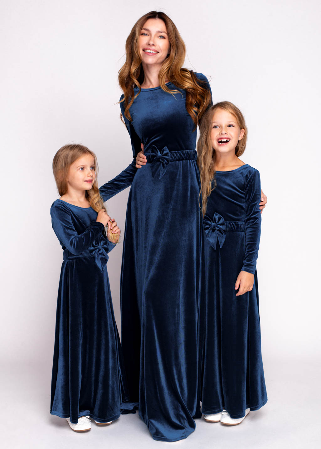 Mommy and me navy blue long velvet dresses