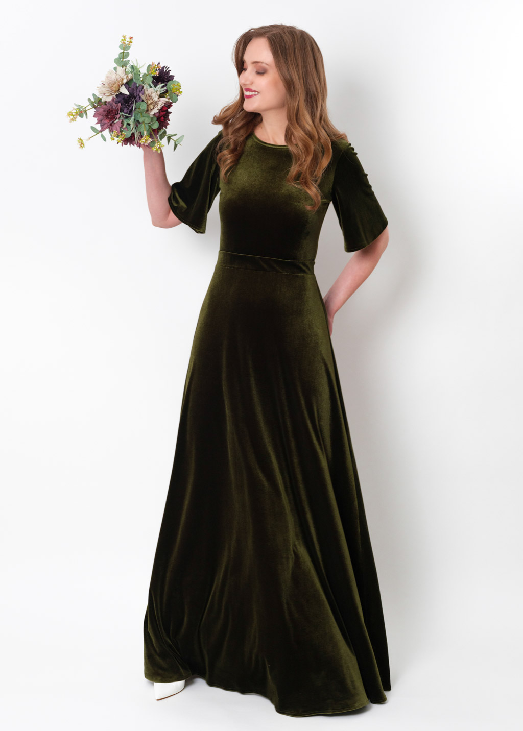 Olive green velvet long dress