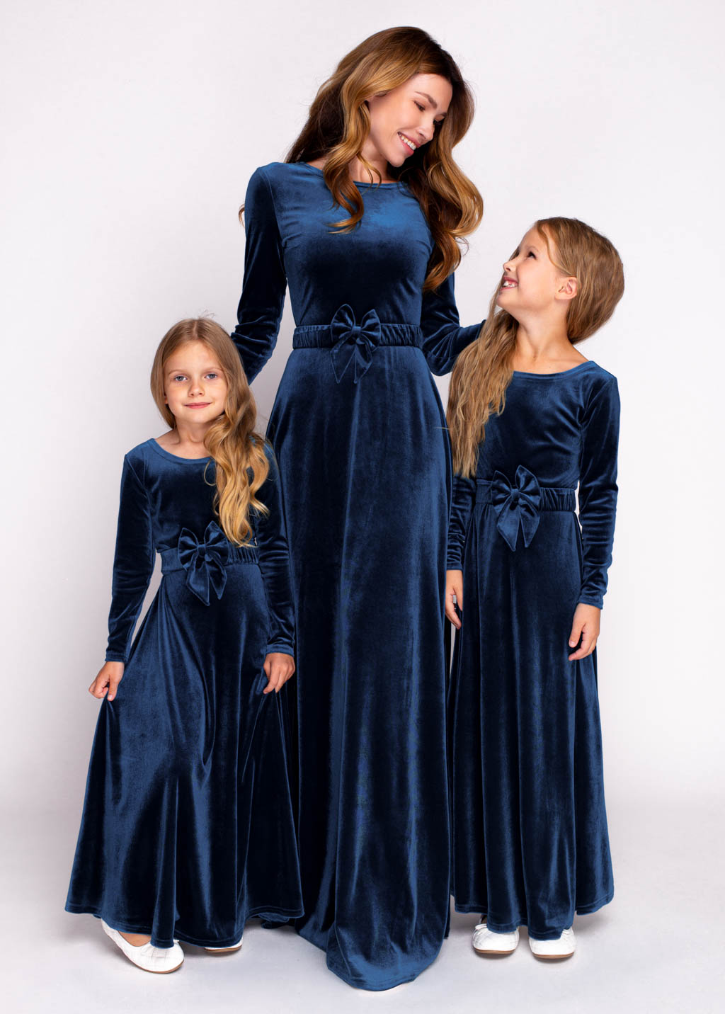 Mommy and me navy blue long velvet dresses