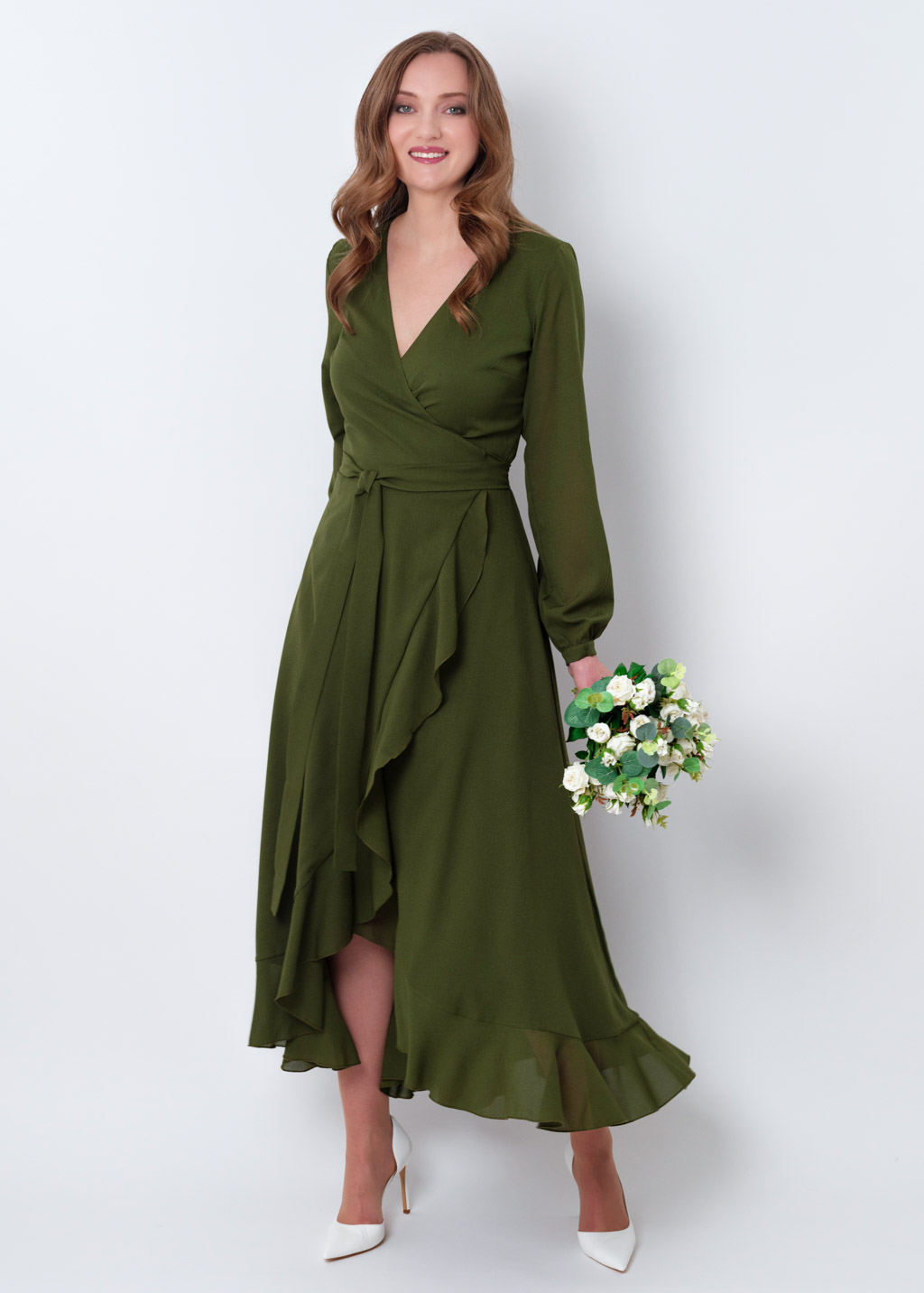 Olive green chiffon wrap dress