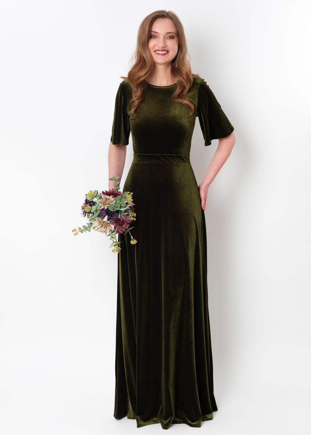 Olive green velvet long dress