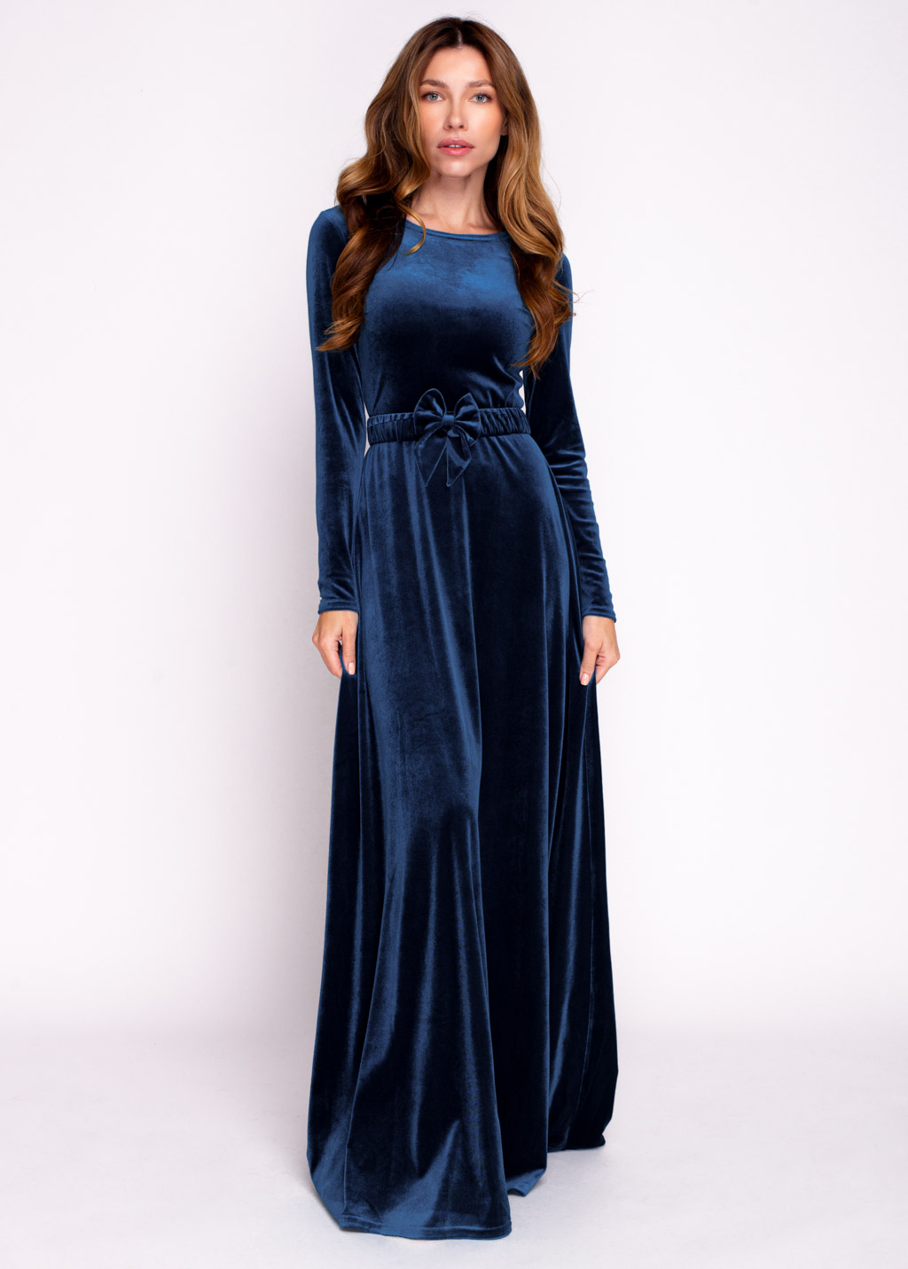 Navy blue velvet long dress with belt