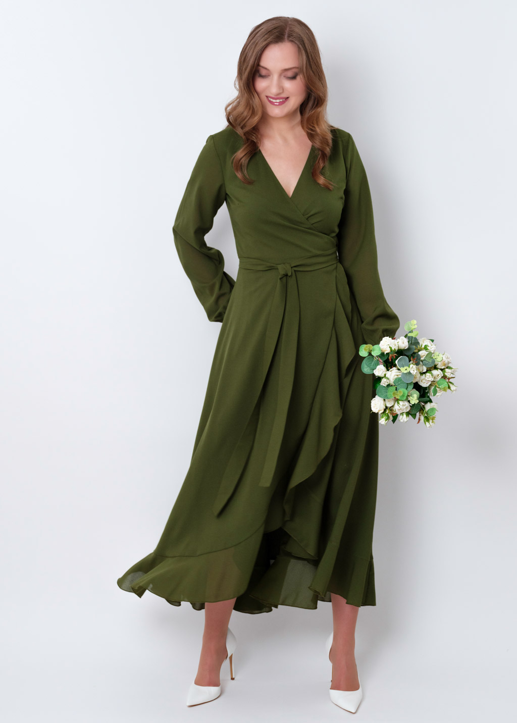 Olive green chiffon wrap dress