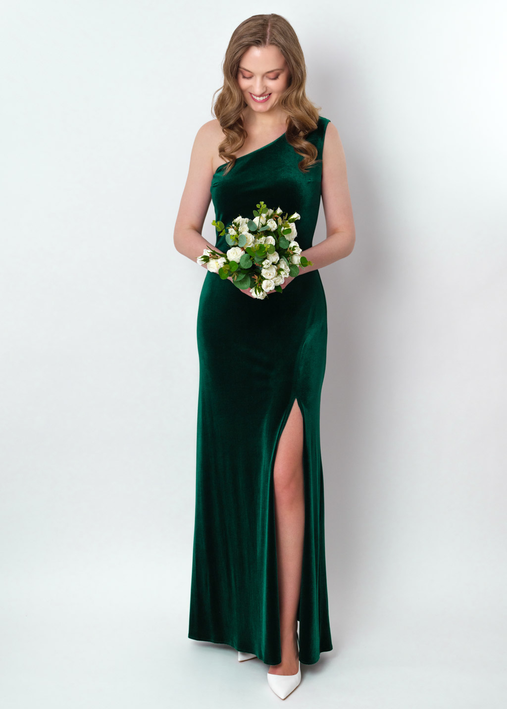 Emerald green velvet one shoulder slit dress