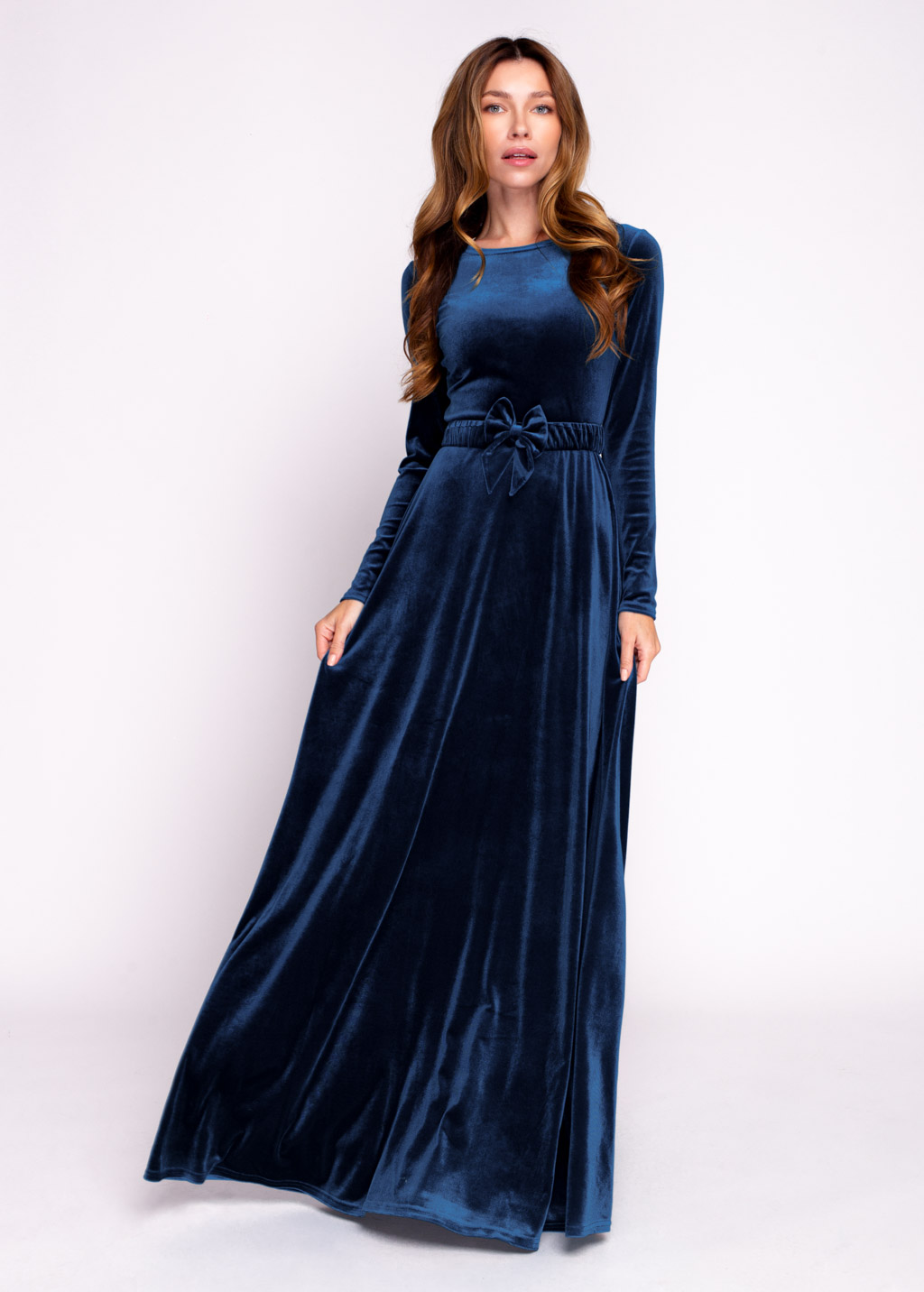 Navy blue velvet long dress with belt