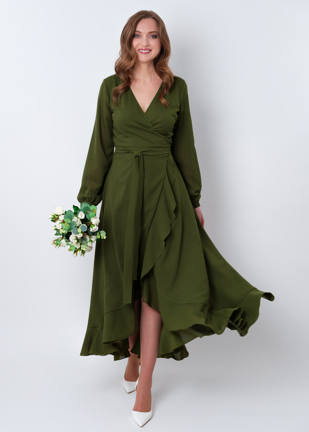 Olive green chiffon wrap dress