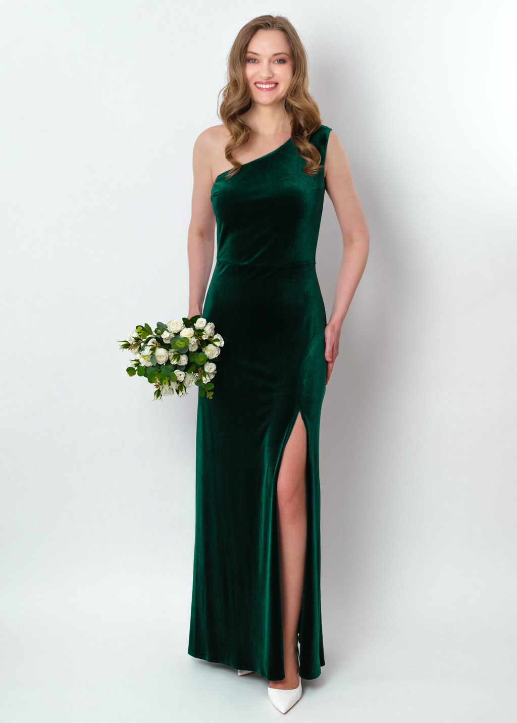 Emerald green velvet one shoulder slit dress