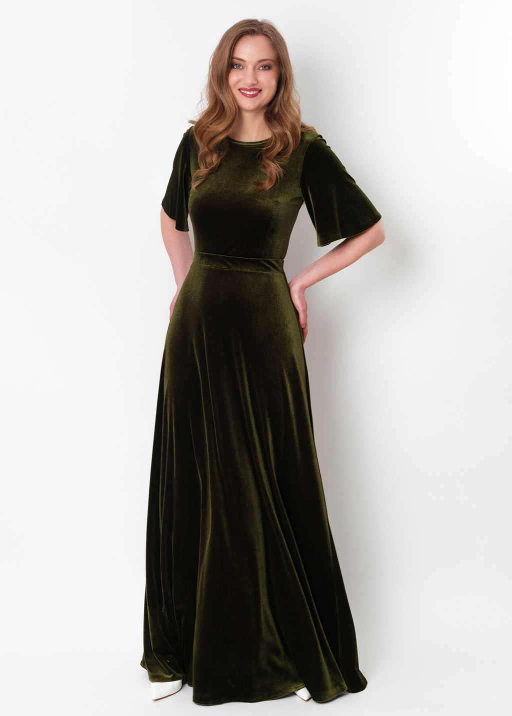 Olive green velvet long dress