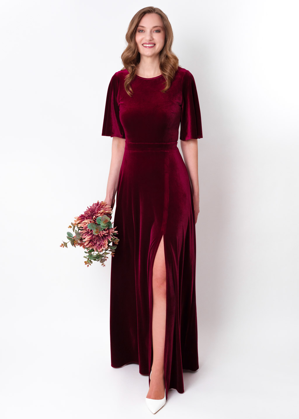 Burgundy velvet long slit dress