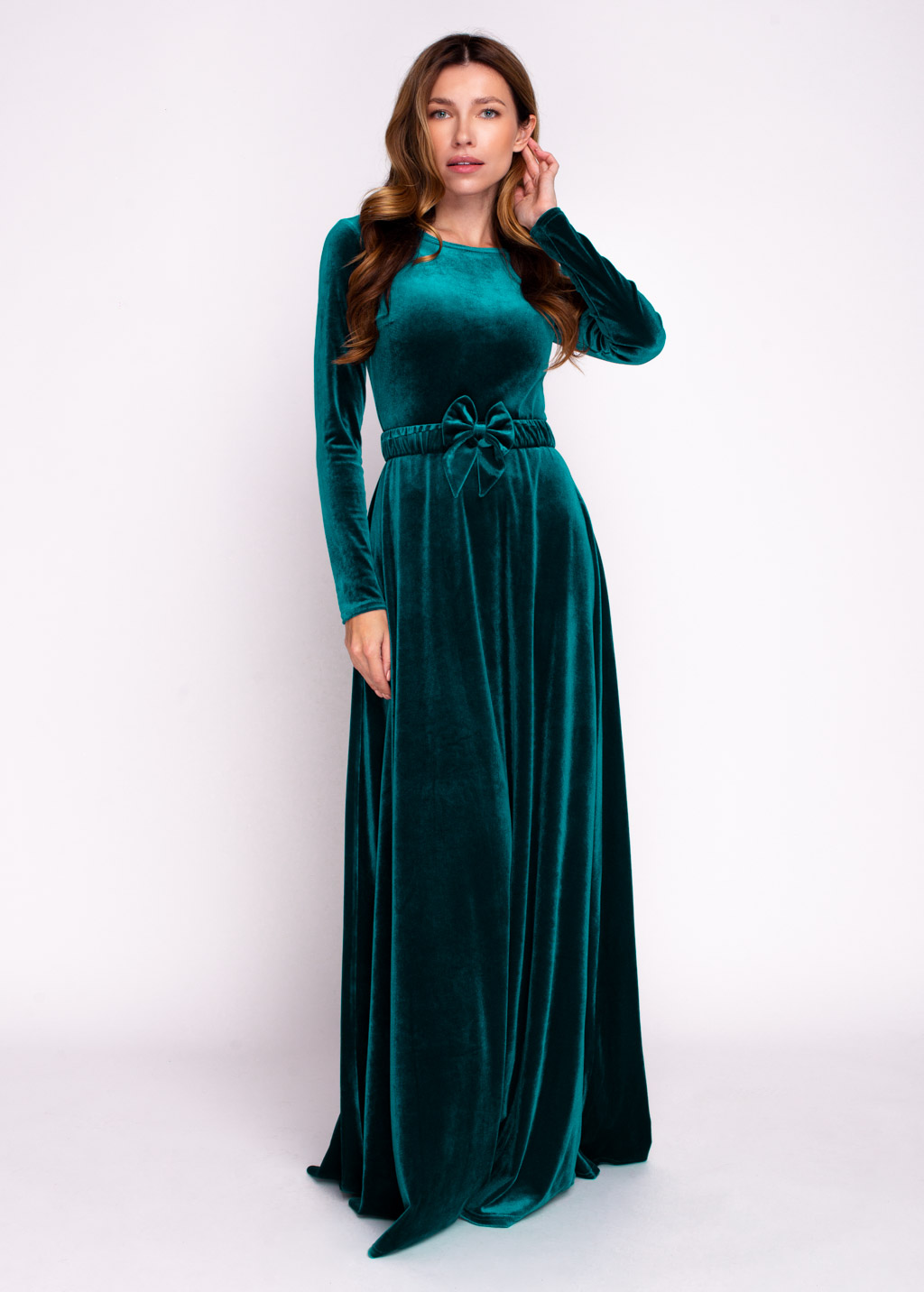 Teal green velvet long dress with belt