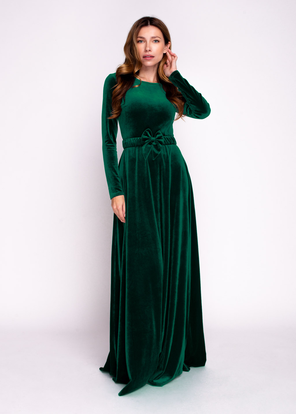 Emerald green velvet long dress with belt