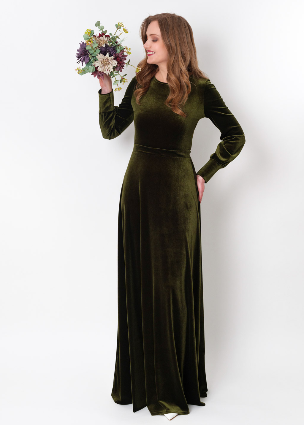 Olive green velvet long dress