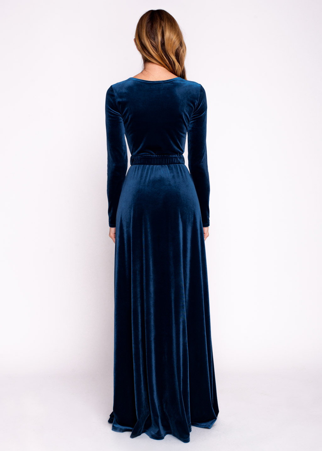 Navy blue velvet long dress with belt