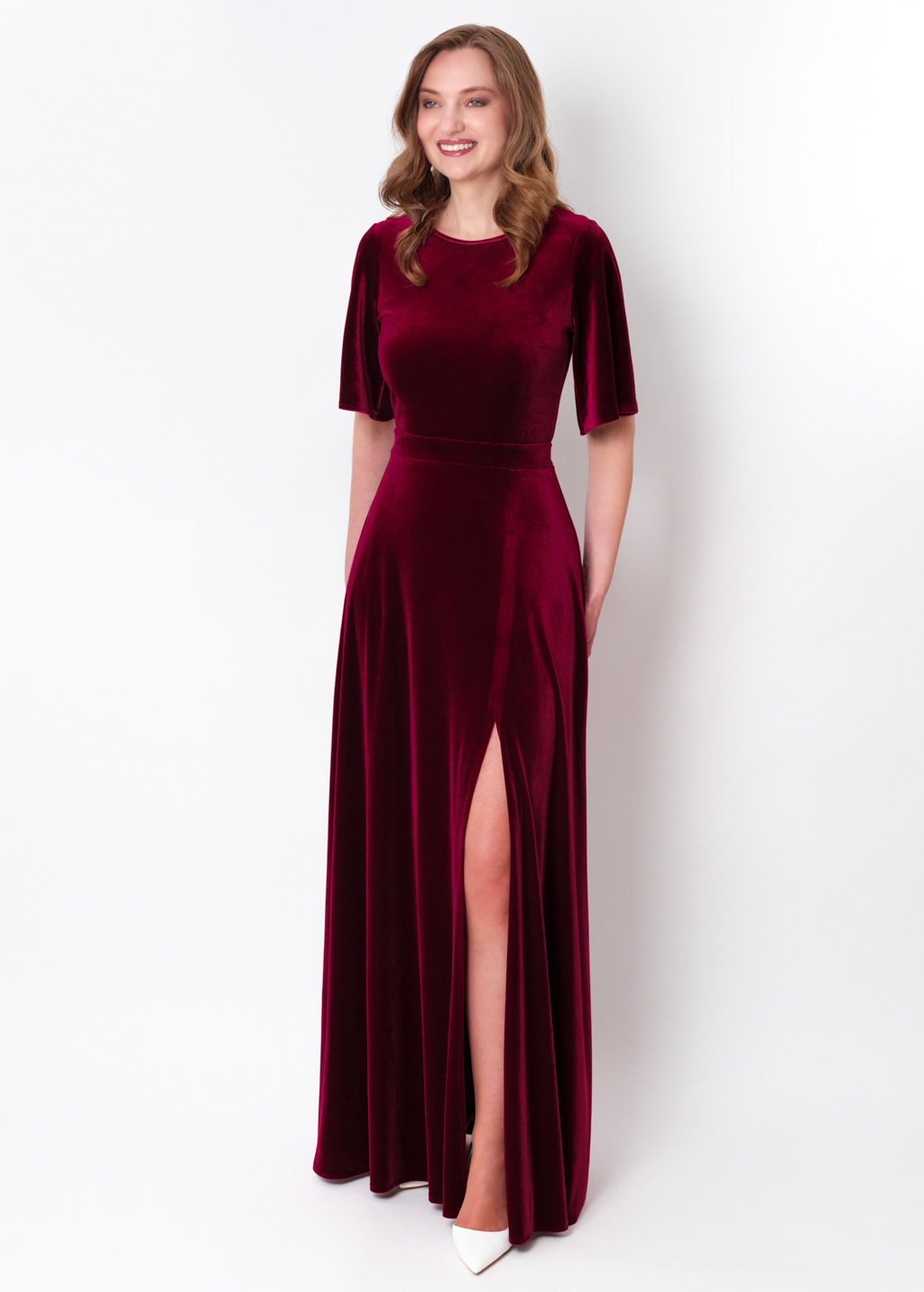 Burgundy velvet long slit dress