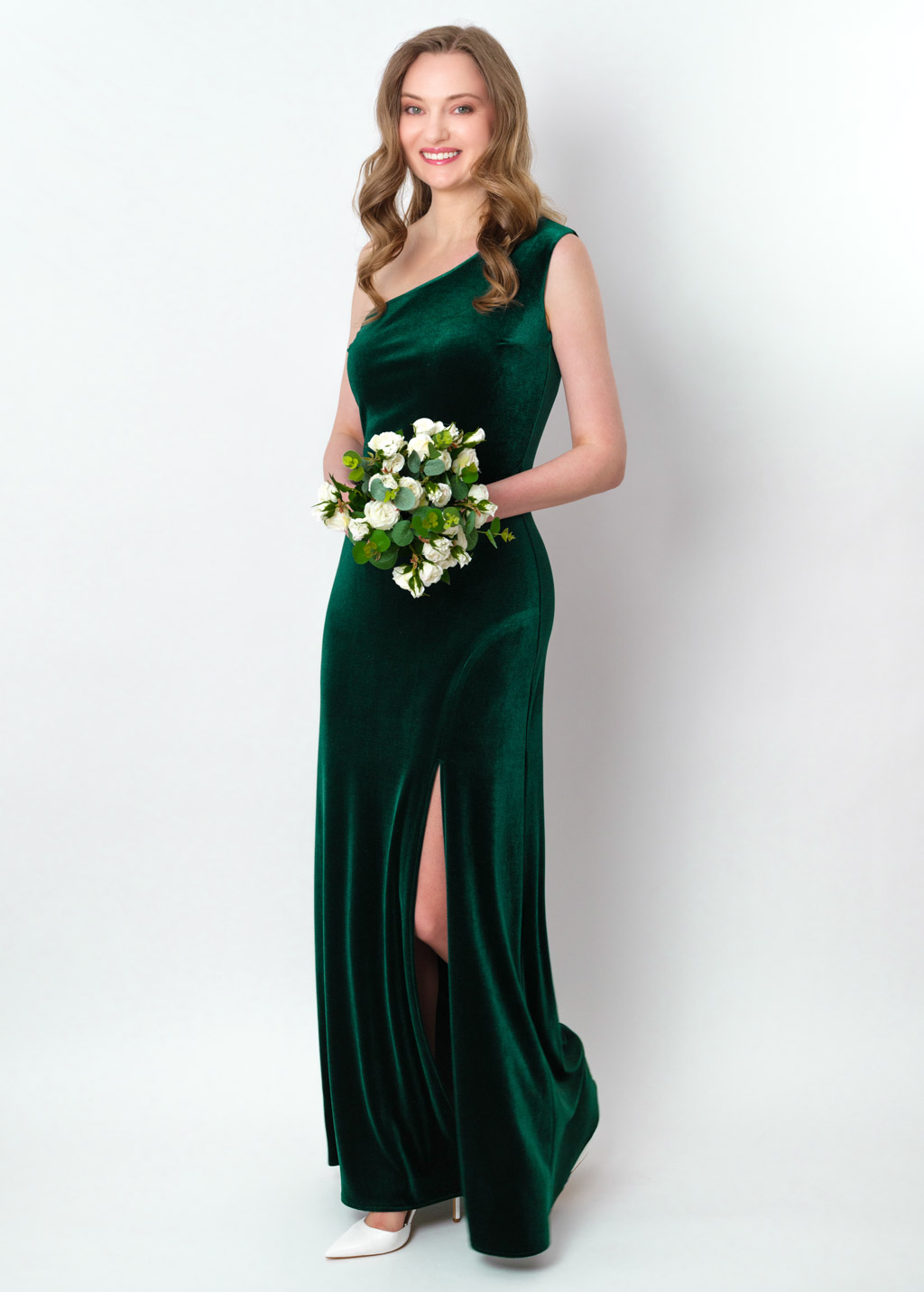 Emerald green velvet one shoulder slit dress