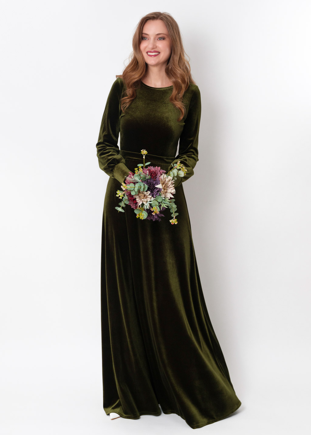 Olive green velvet long dress