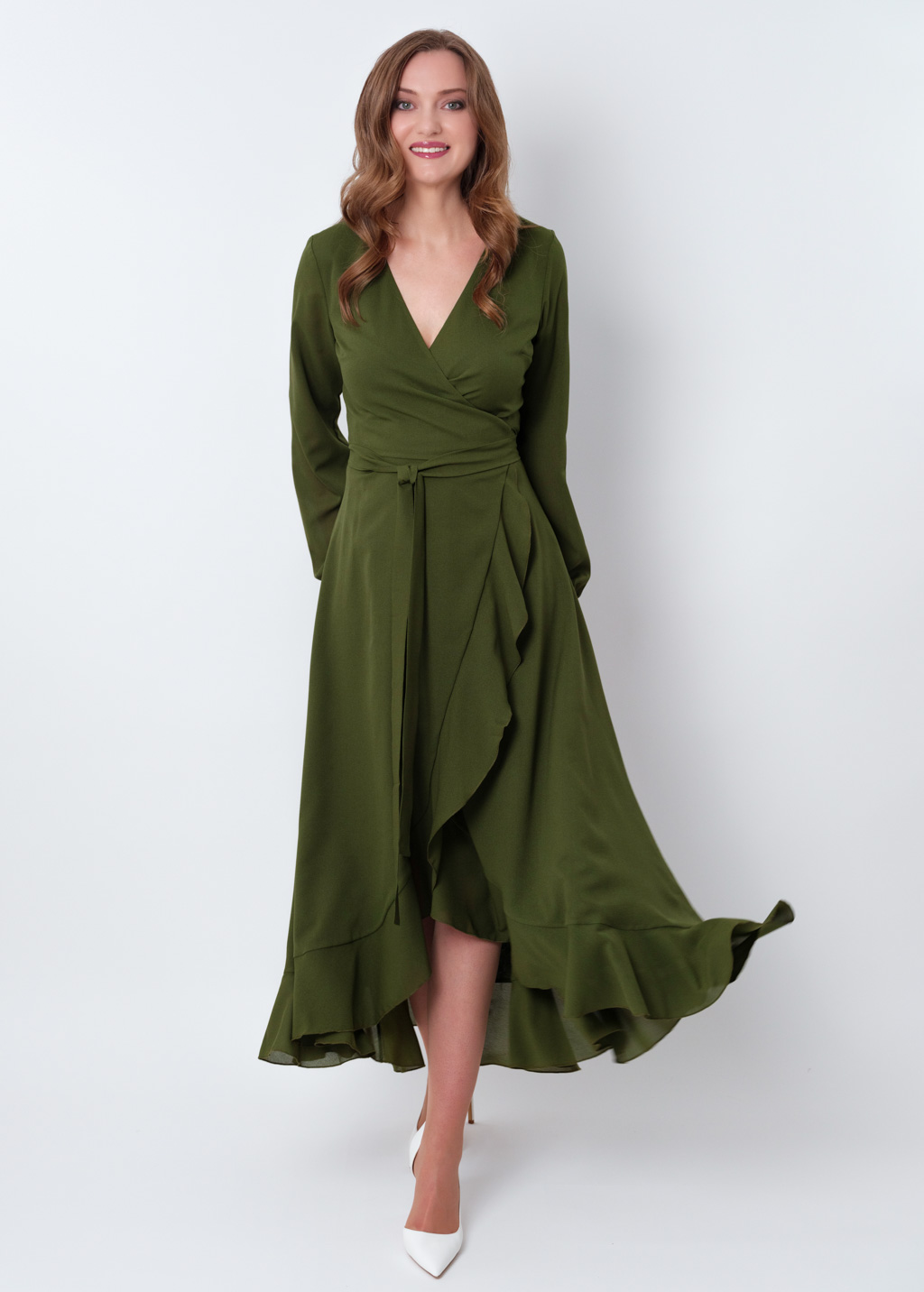 Olive green chiffon wrap dress