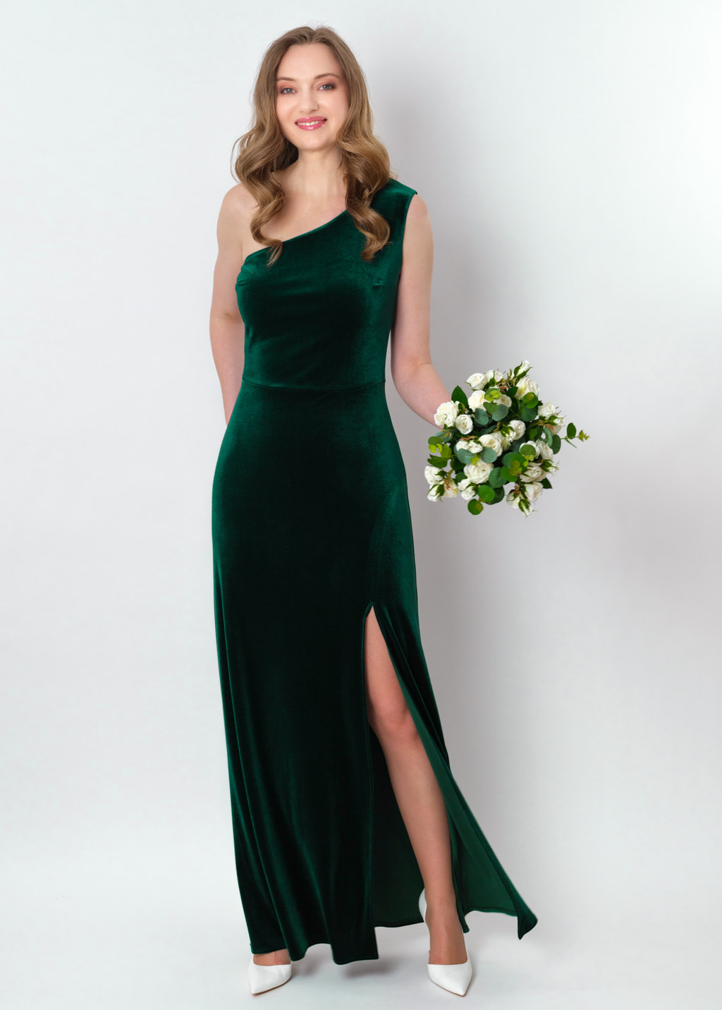 Emerald green velvet one shoulder slit dress