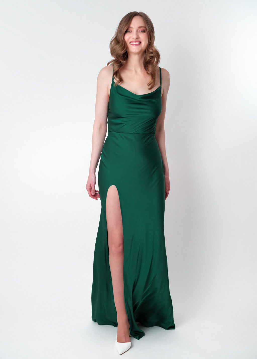 Dark green silk slip slit dress