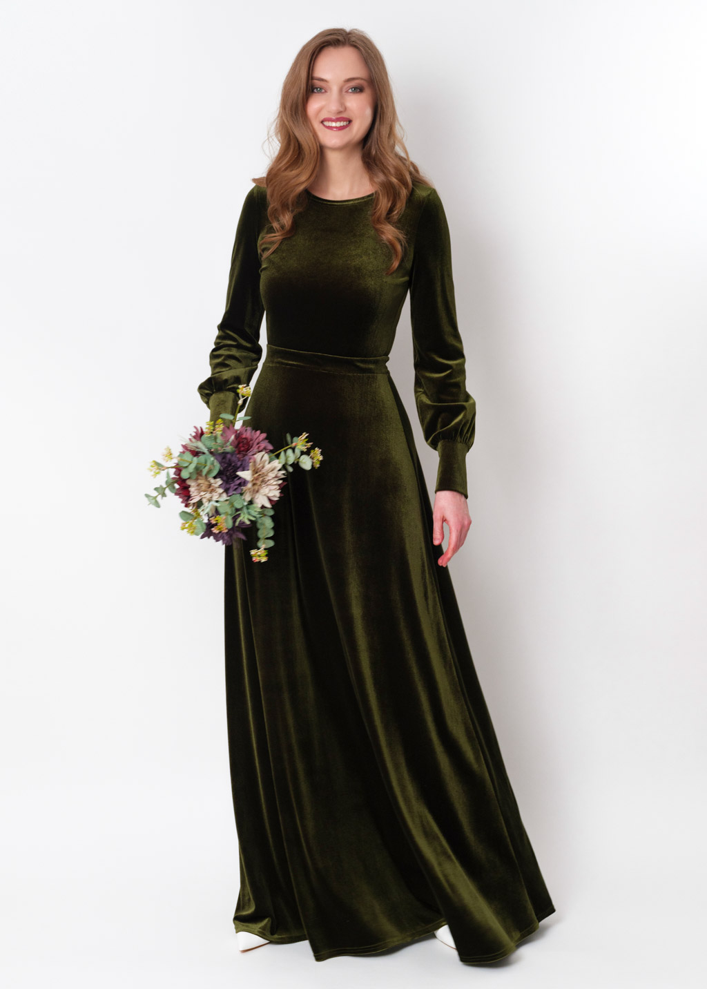 Olive green velvet long dress