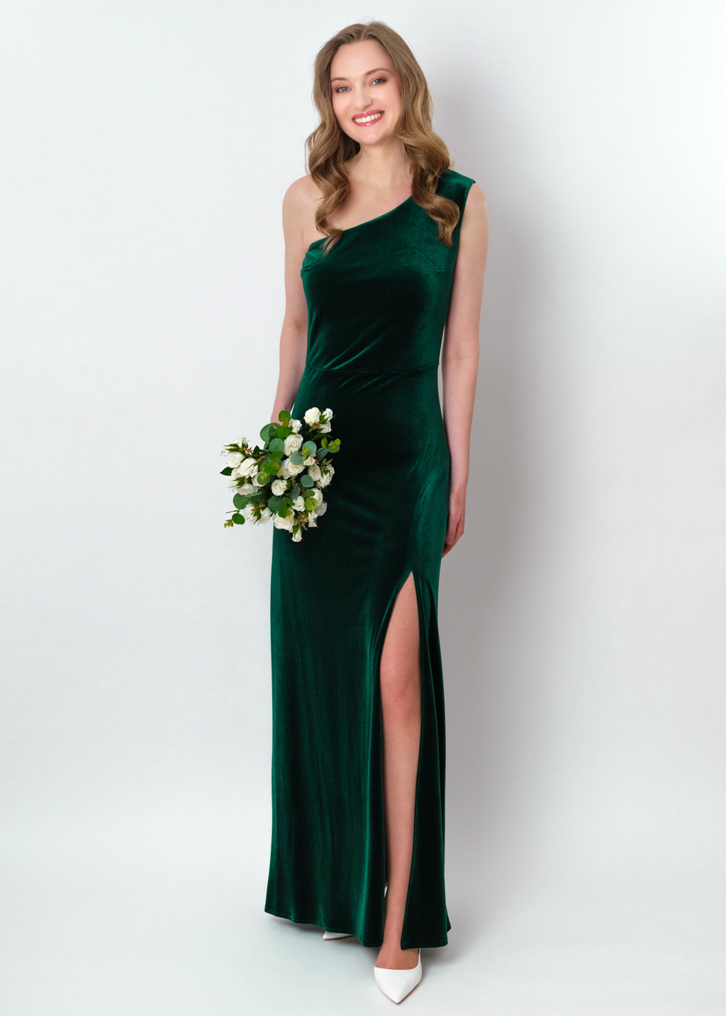 Emerald green velvet one shoulder slit dress