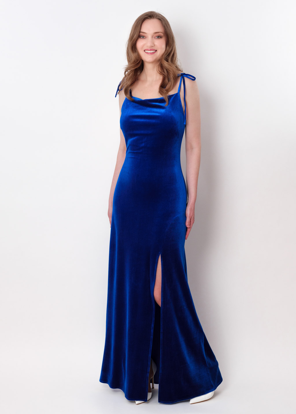 Royal blue slip slit velvet bodycon long dress