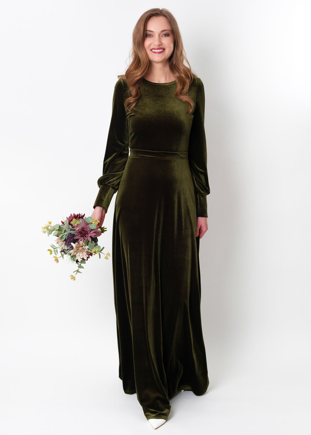 Olive green velvet long dress