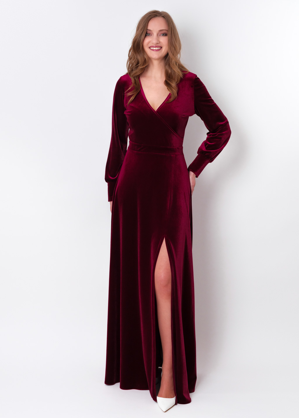 Plum burgundy velvet long wrap slit dress