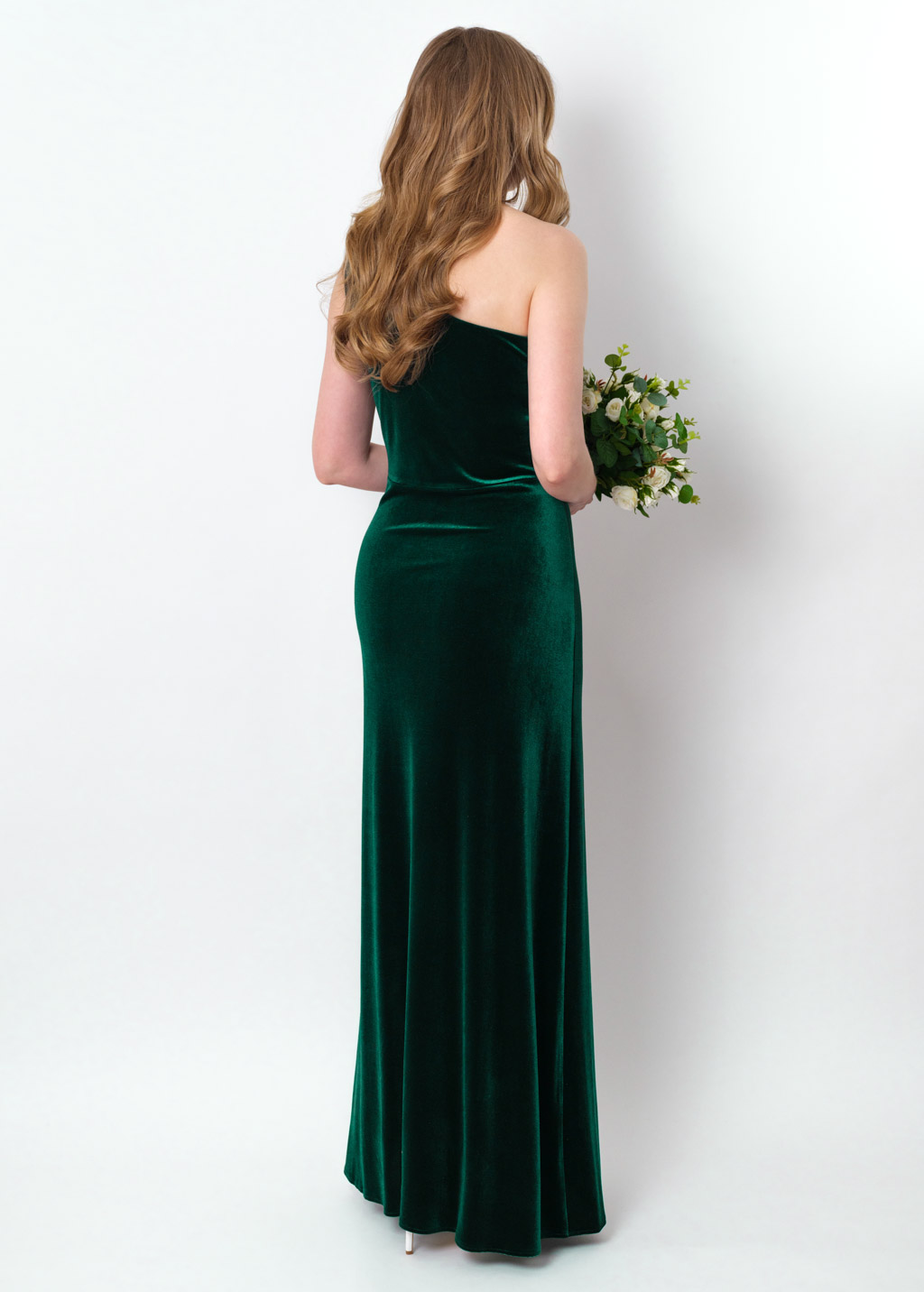 Emerald green velvet one shoulder slit dress