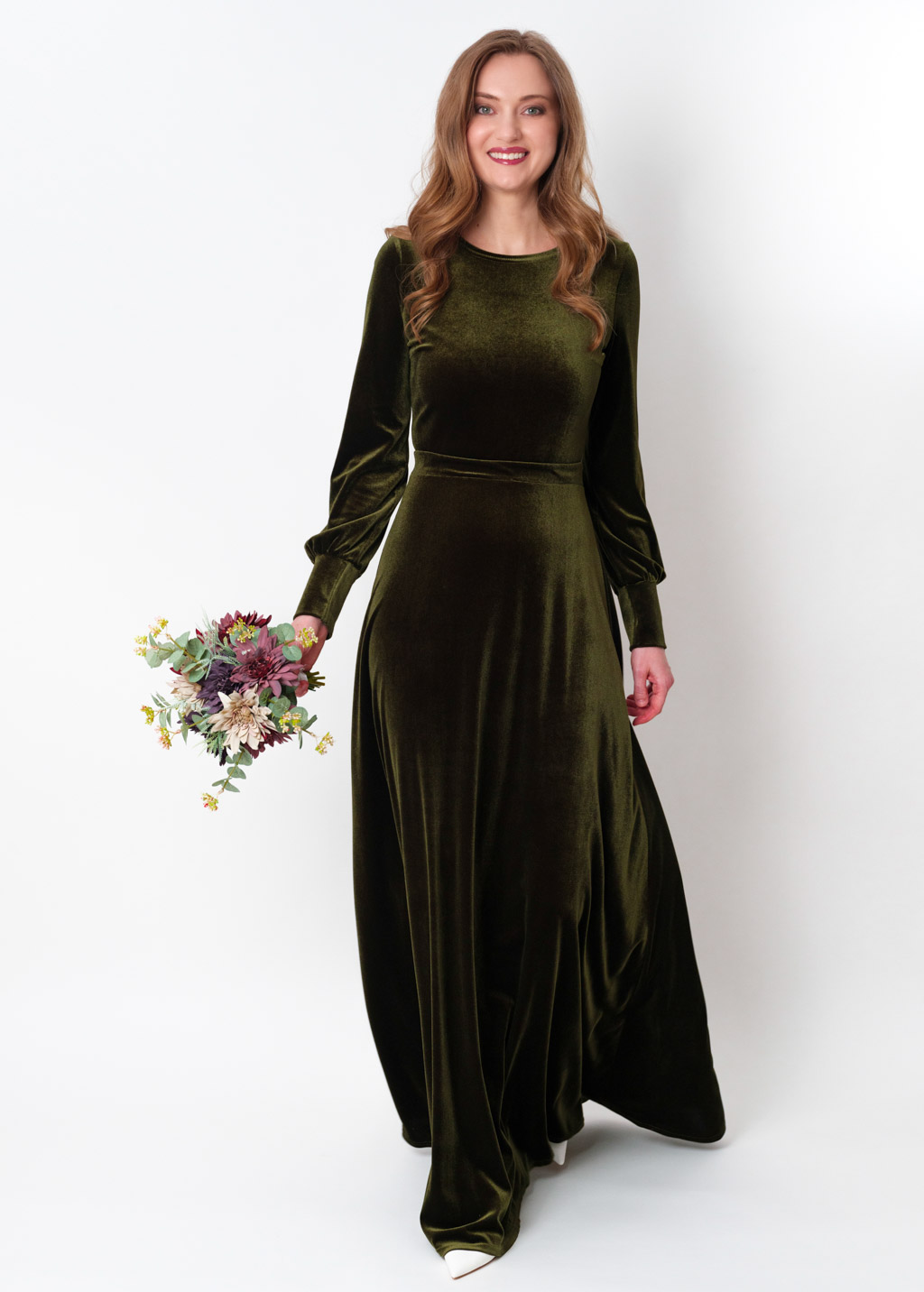 Olive green velvet long dress