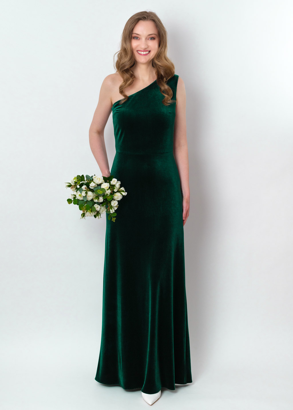 Emerald green velvet one shoulder dress