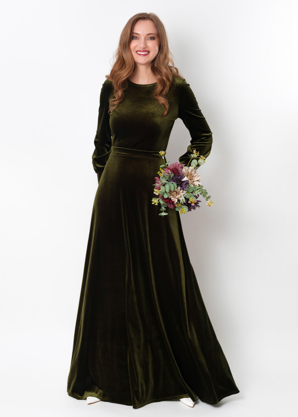 Olive green velvet long dress