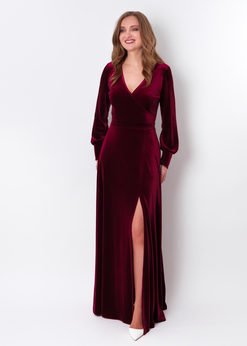 Plum burgundy velvet long wrap slit dress
