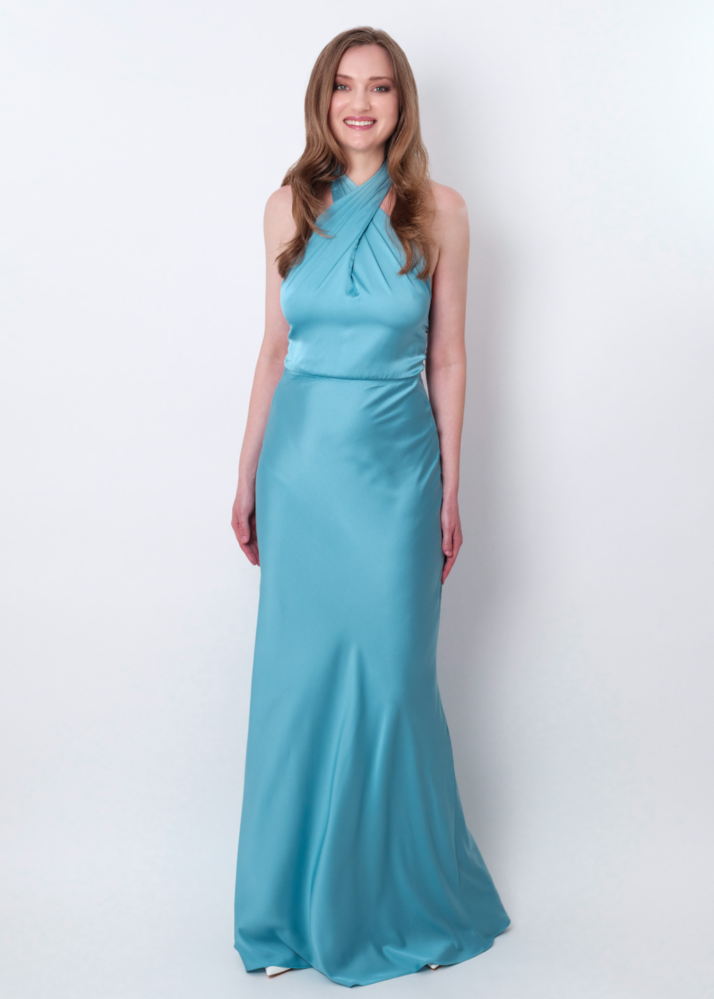 Dusty blue silk long halter dress