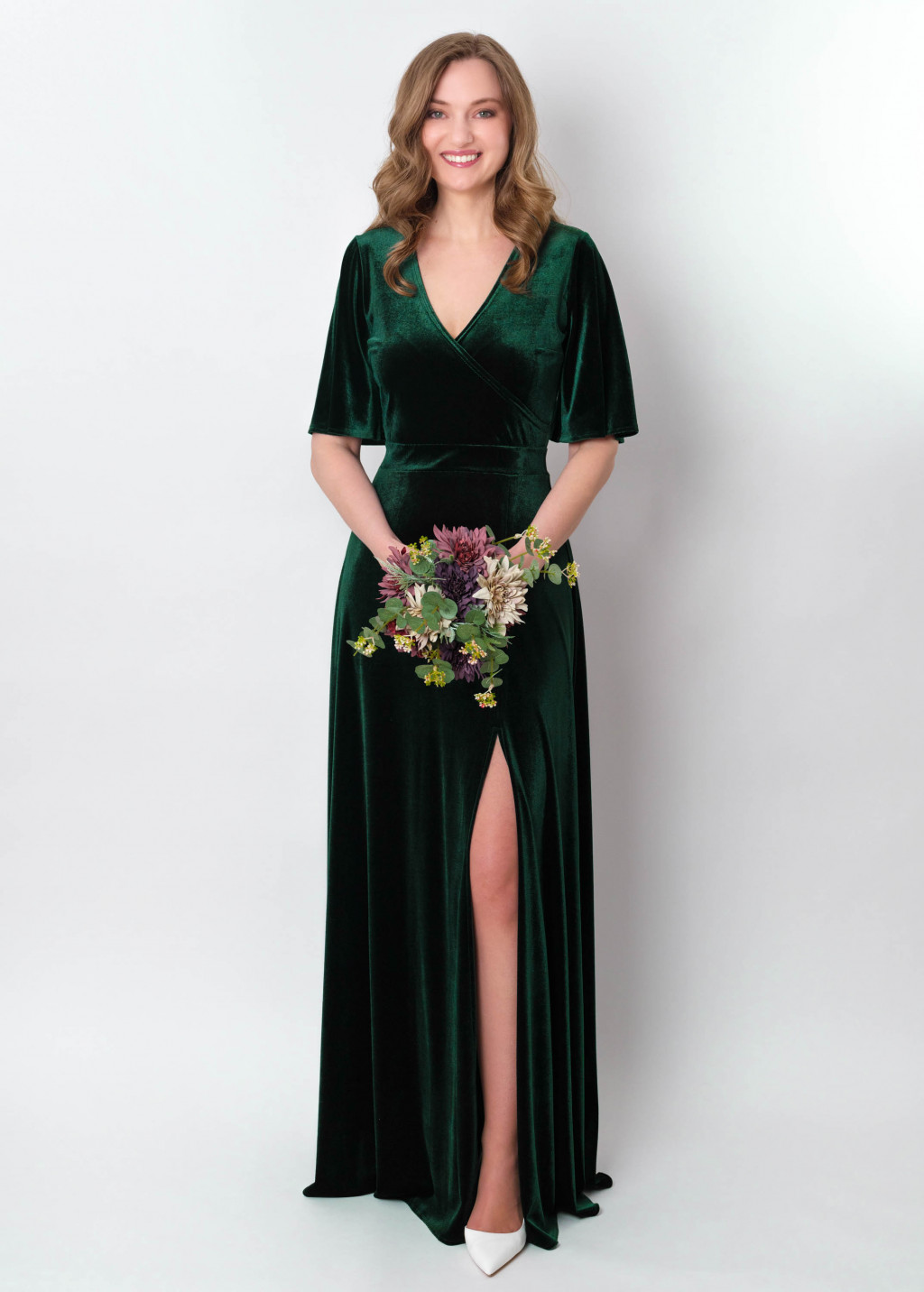 Emerald green velvet wrap slit dress