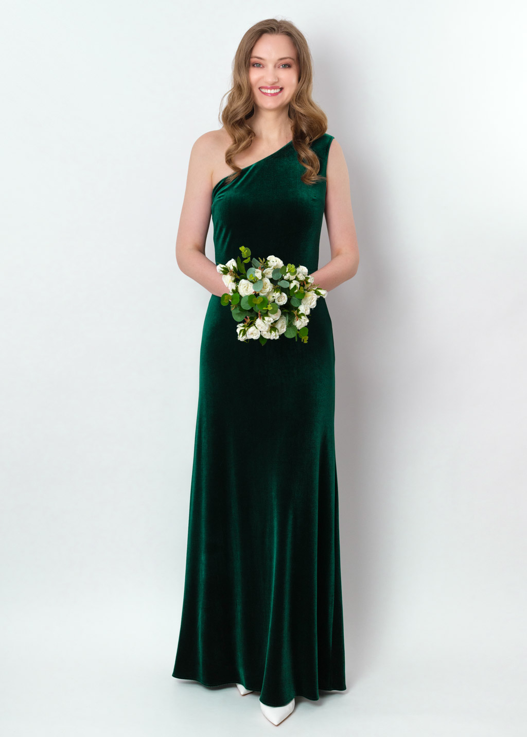 Emerald green velvet one shoulder dress