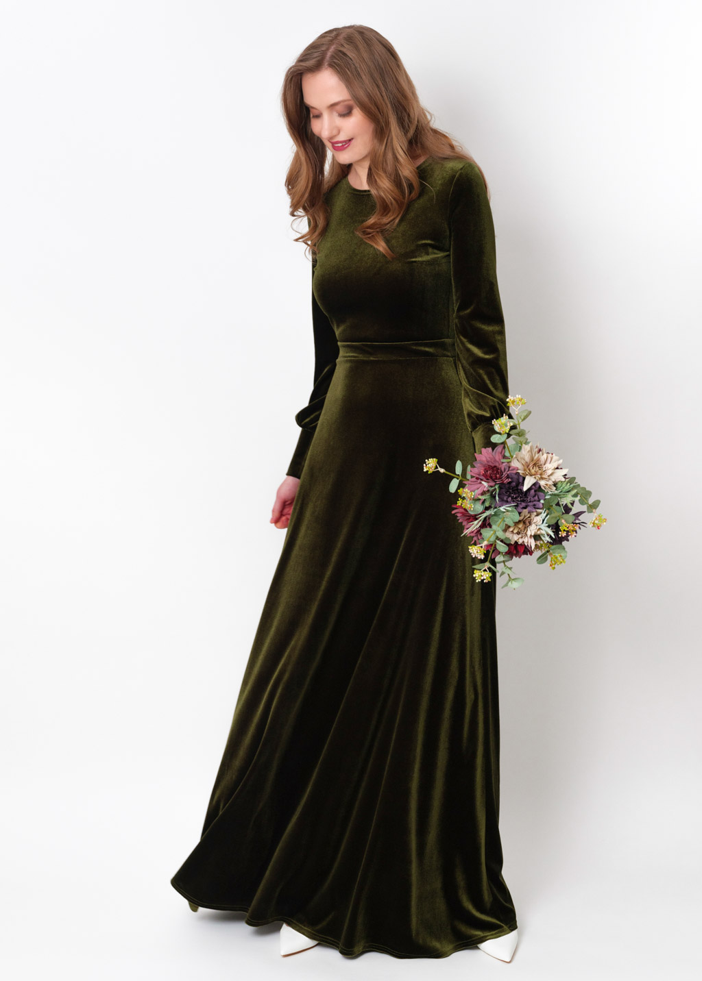 Olive green velvet long dress