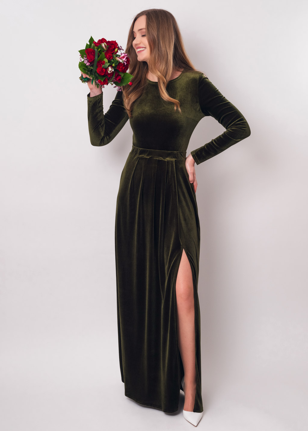 Olive green velvet long dress