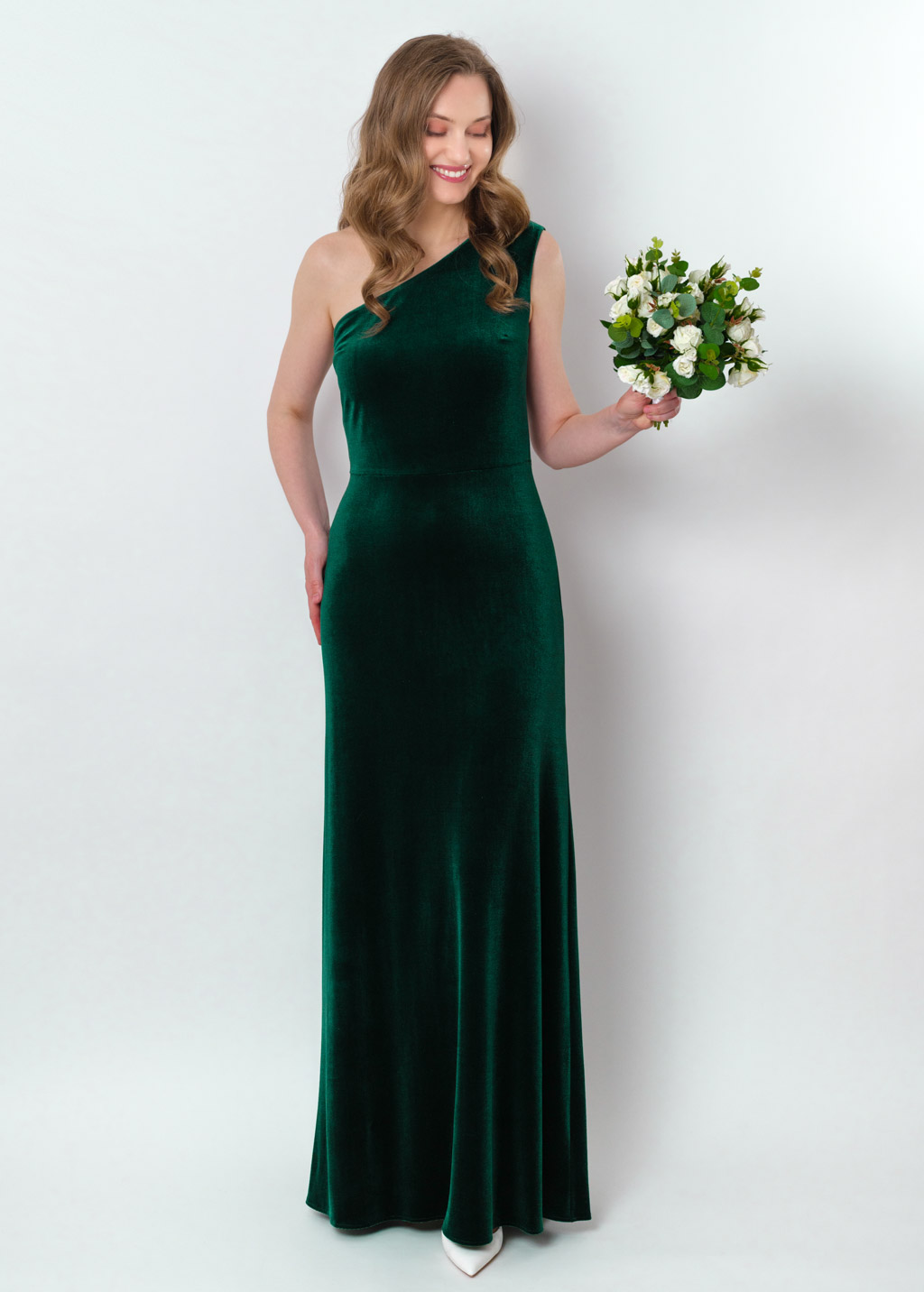 Emerald green velvet one shoulder dress