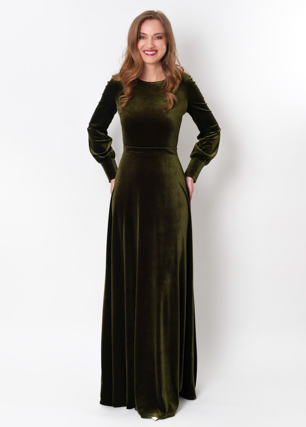 Olive green velvet long dress