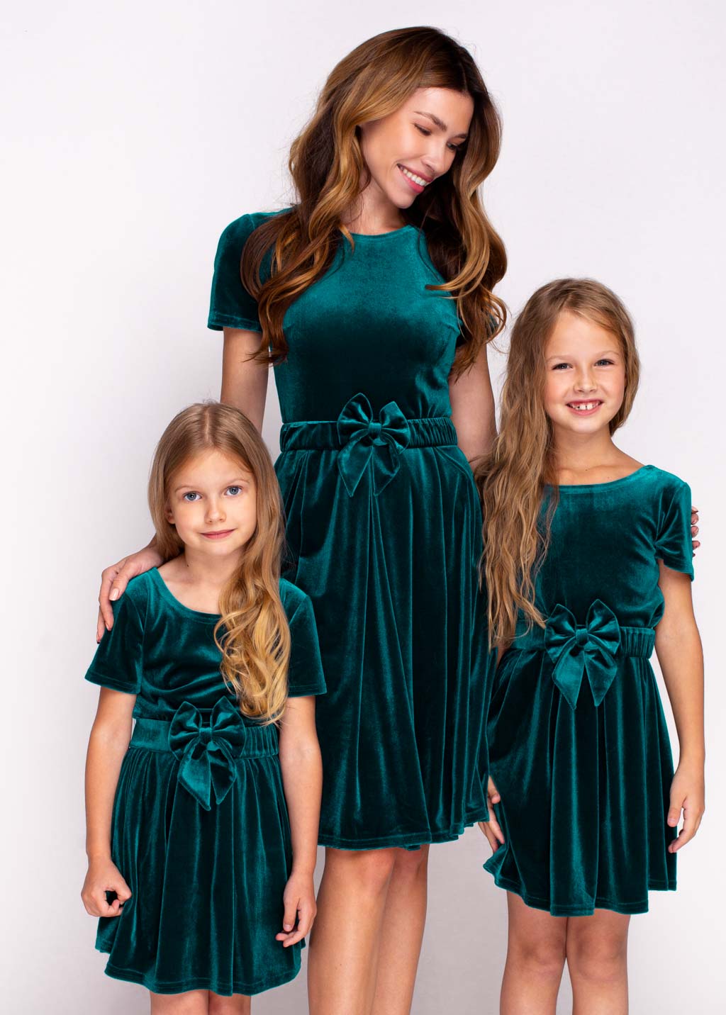 Mommy and me teal green velvet dresses