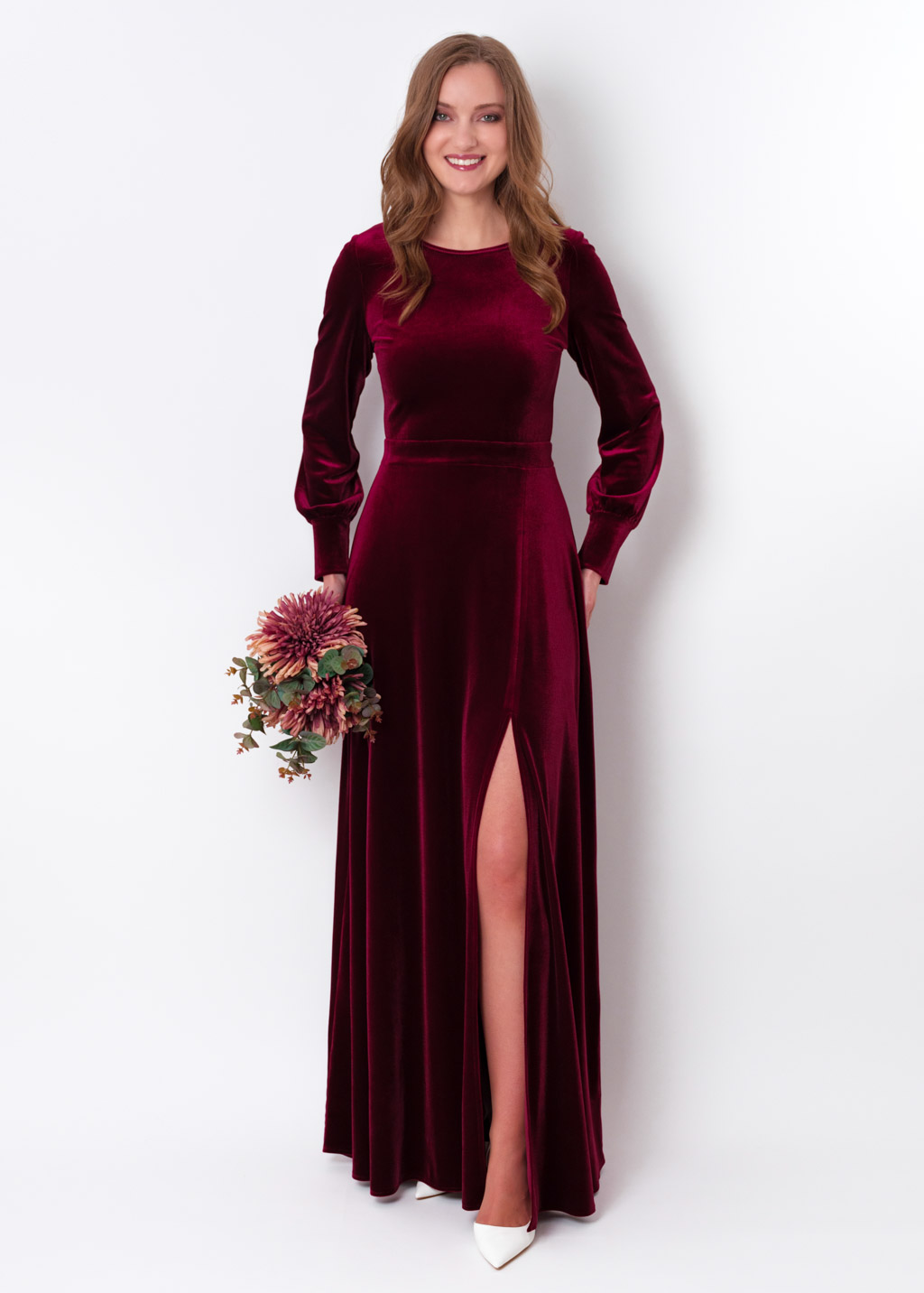 Plum burgundy velvet long slit dress