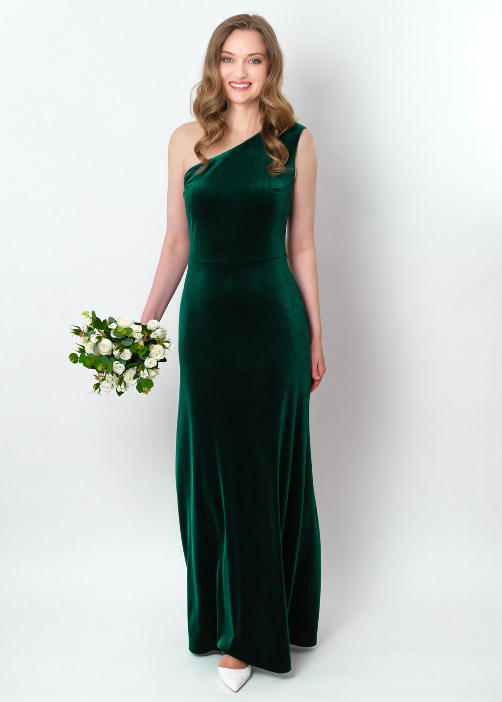 Emerald green velvet one shoulder dress